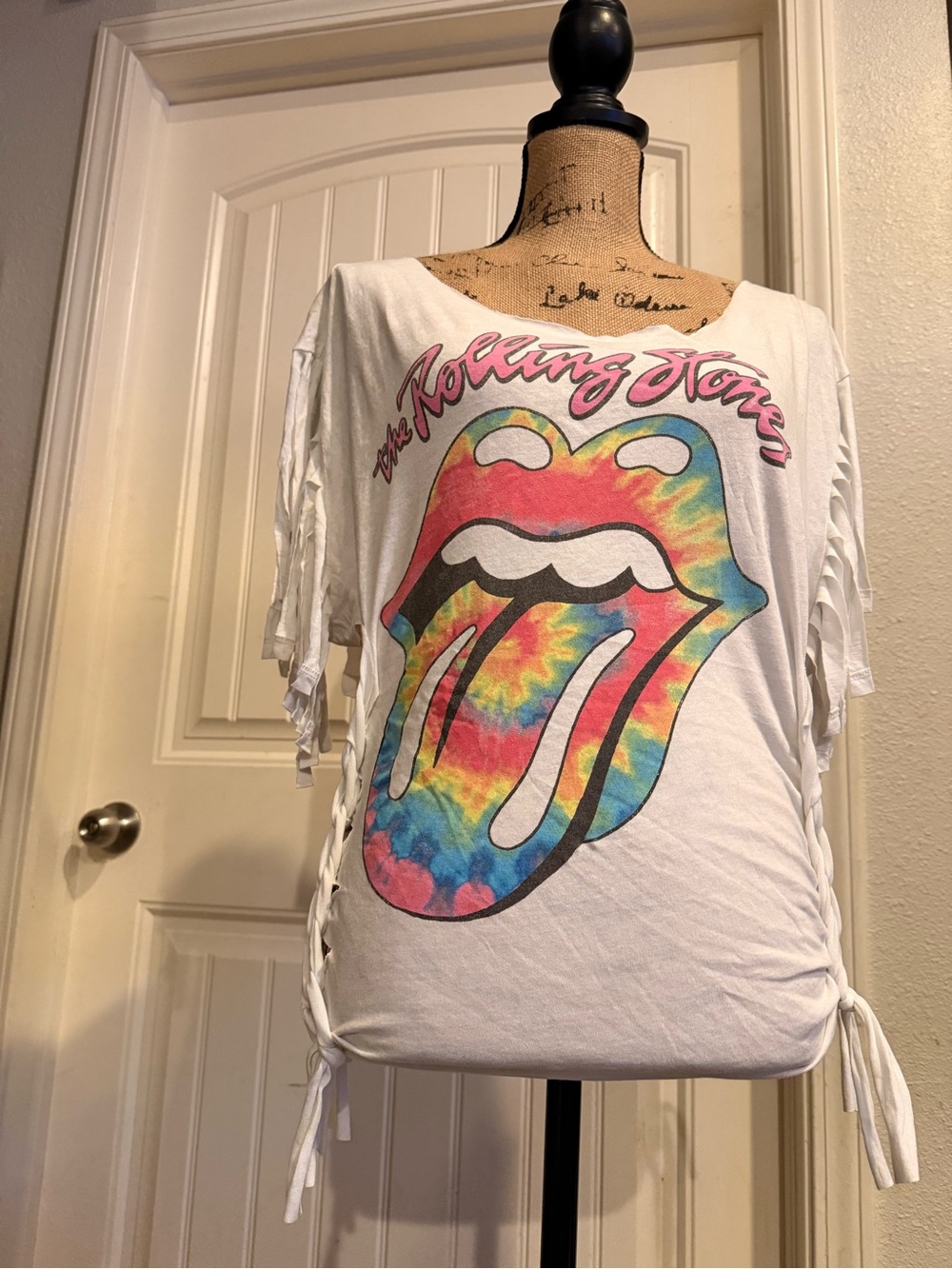 the Rolling Stones White Tie-Detail Tie-Dye Tongue Graphic Tee